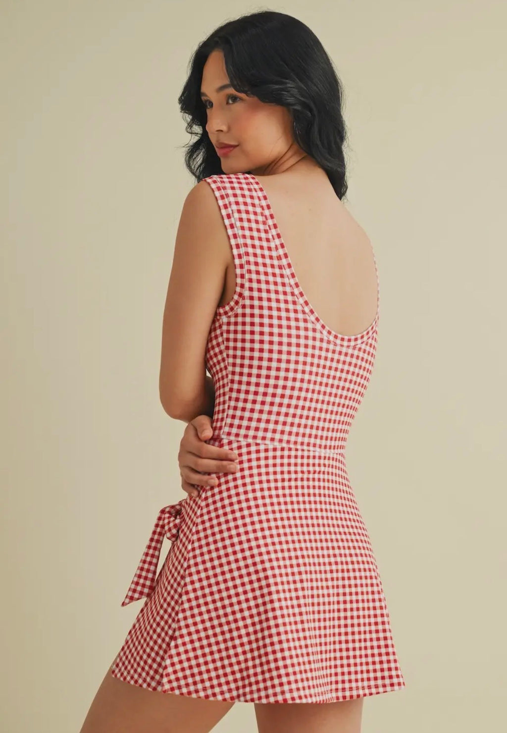 Red & White Gingham Tie-Front Active Dress