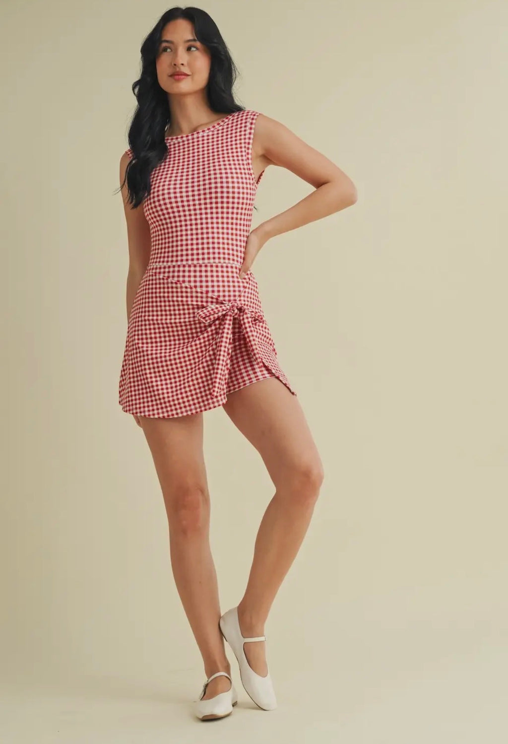 Red & White Gingham Tie-Front Active Dress