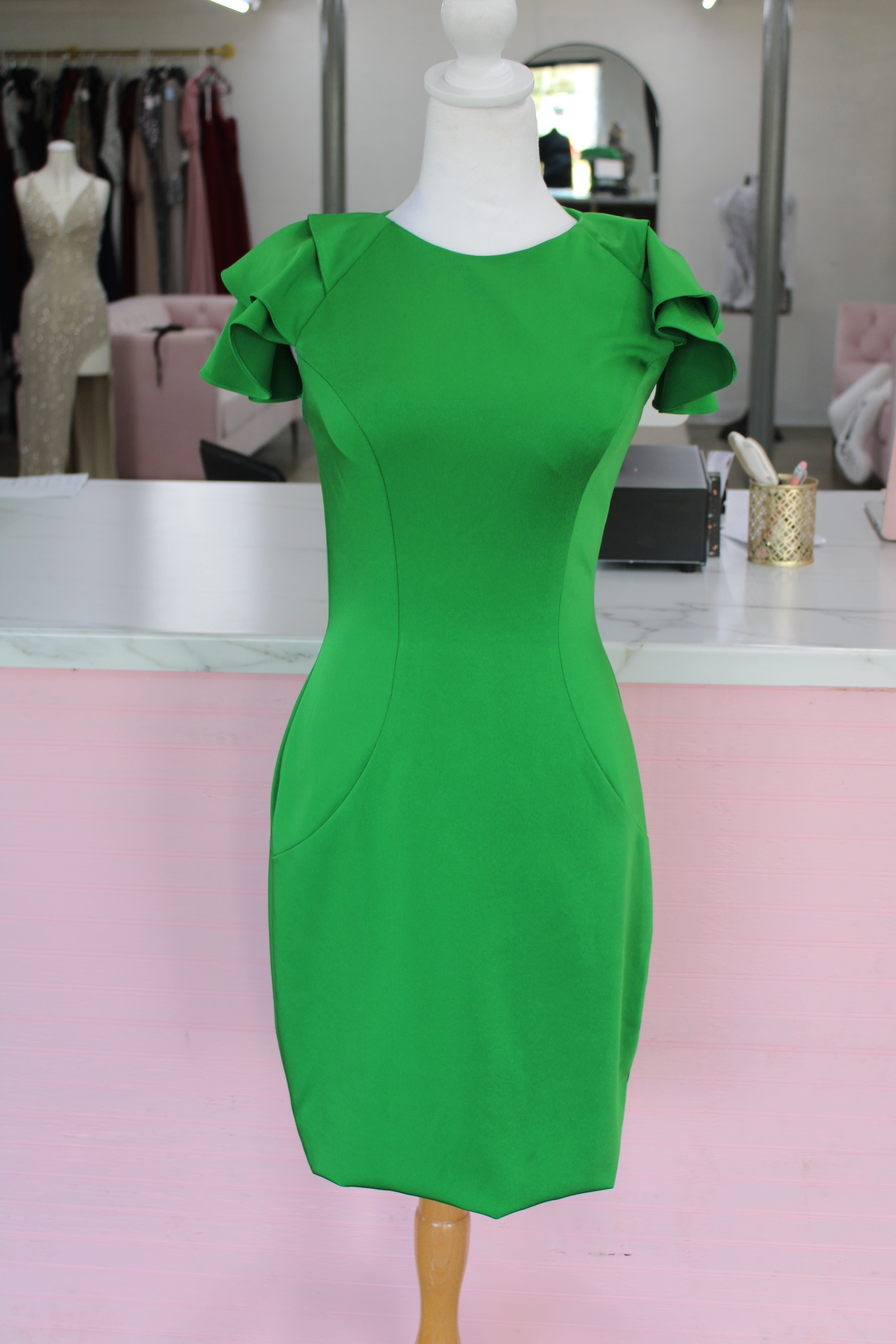 Green Ruffle Sleeve Fitted Dress – Size 4
