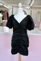 HVFVE Ruched Puff Sleeve Mini Dress – Black (Size M)