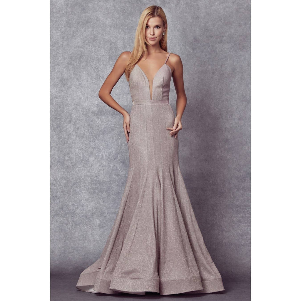 LOW V NECK  FITTED GLITTER PROM DRESS: ROSE GOLD / XS