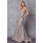 LOW V NECK  FITTED GLITTER PROM DRESS: ROSE GOLD / XS