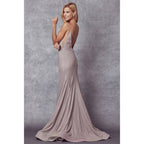 LOW V NECK  FITTED GLITTER PROM DRESS: ROSE GOLD / XS