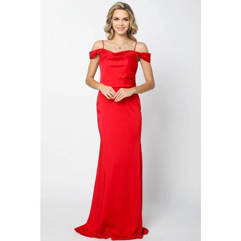 DRAPED OFF-THE-SHOULDER EVENING GOWN: RED / XS