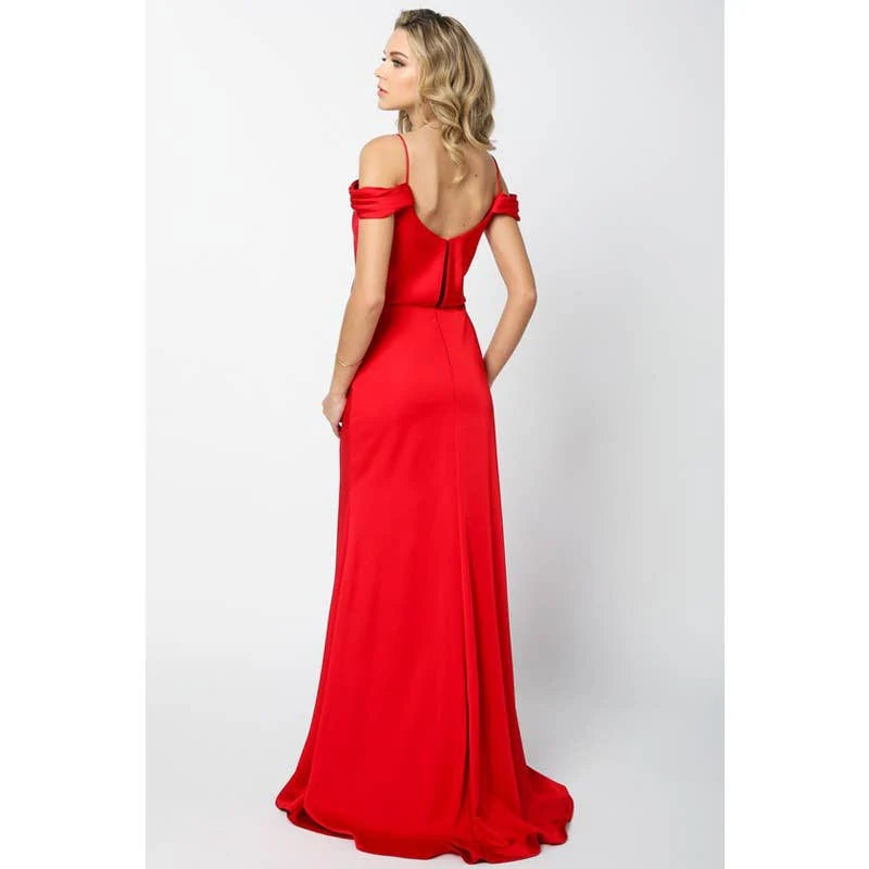 DRAPED OFF-THE-SHOULDER EVENING GOWN: RED / XS