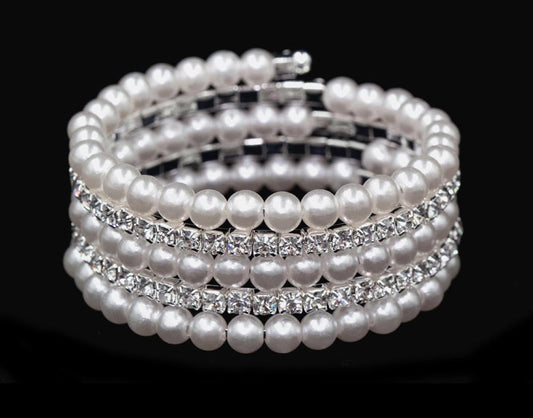 Pearl and Rhinestone Memory Coil Wrap Coil Bracelet