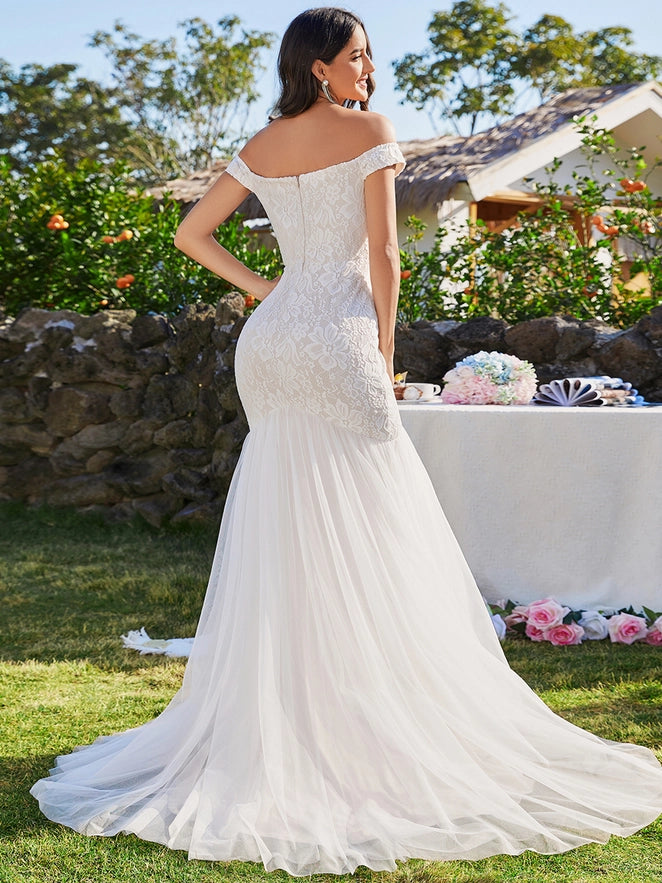 Elegant Fishtail Floor Length Off Shoulder Wedding Dress