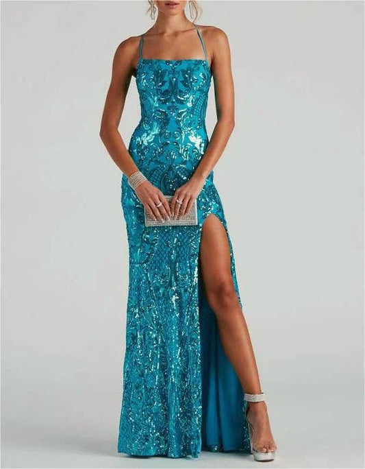 Sequins long party dress cocktail evening dress: Blue / L