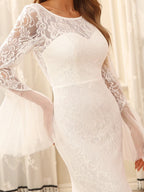 Round Neck Long Pagoda Sleeves Wedding Dress