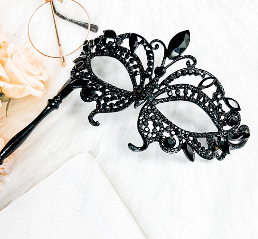 Butterfly Mask with Stick, Black Crystal Masquerade Mask