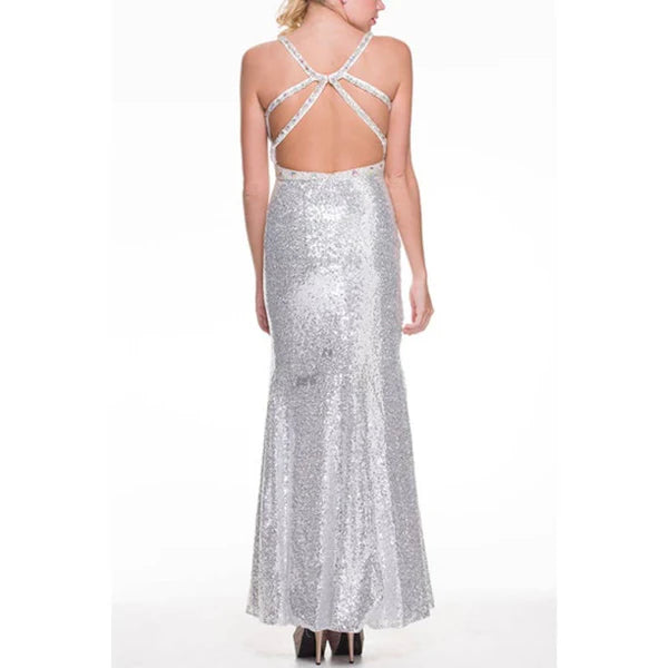 BEADED WAIST LINE FULLY SEQUIN EVENING DRESS