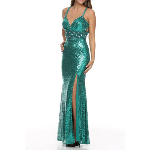 BEADED WAIST LINE FULLY SEQUIN EVENING DRESS