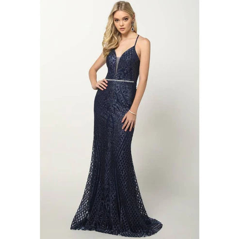 GLITTER FITTED CRISS CROSS OPEN BACK EVENING PROM DRESS: NAVY BLUE / XS